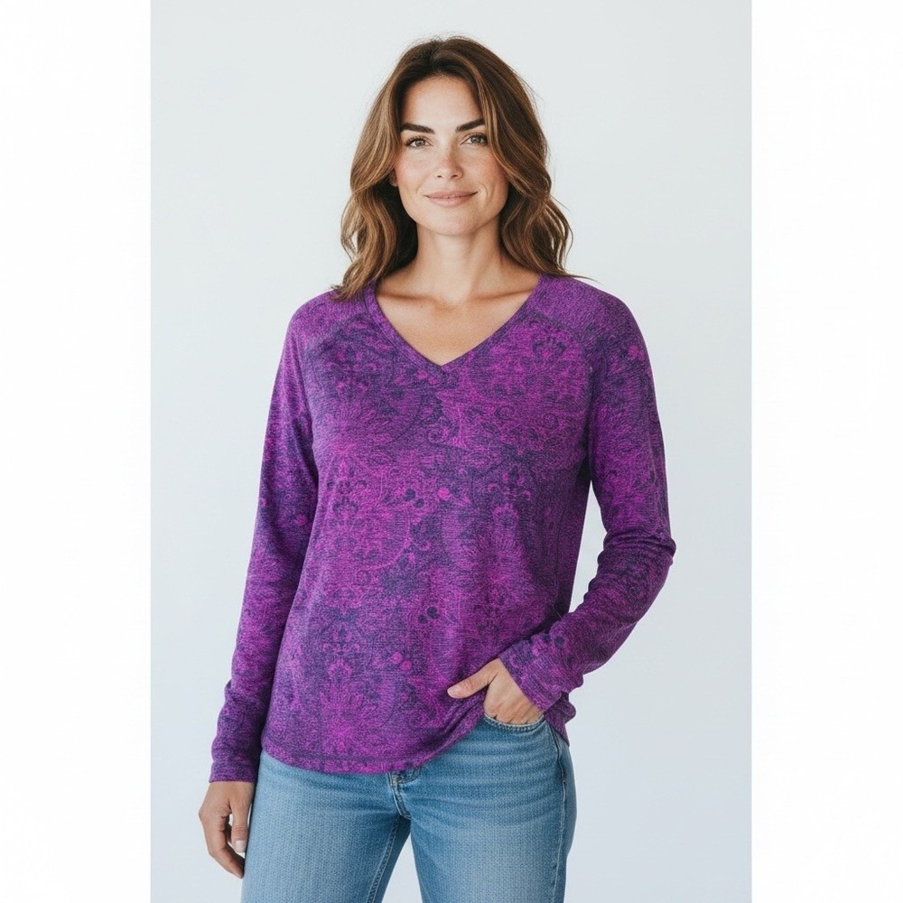 Title Nine Women's M Fitted Mahari LS Performance V-Neck Top Heathered Purple